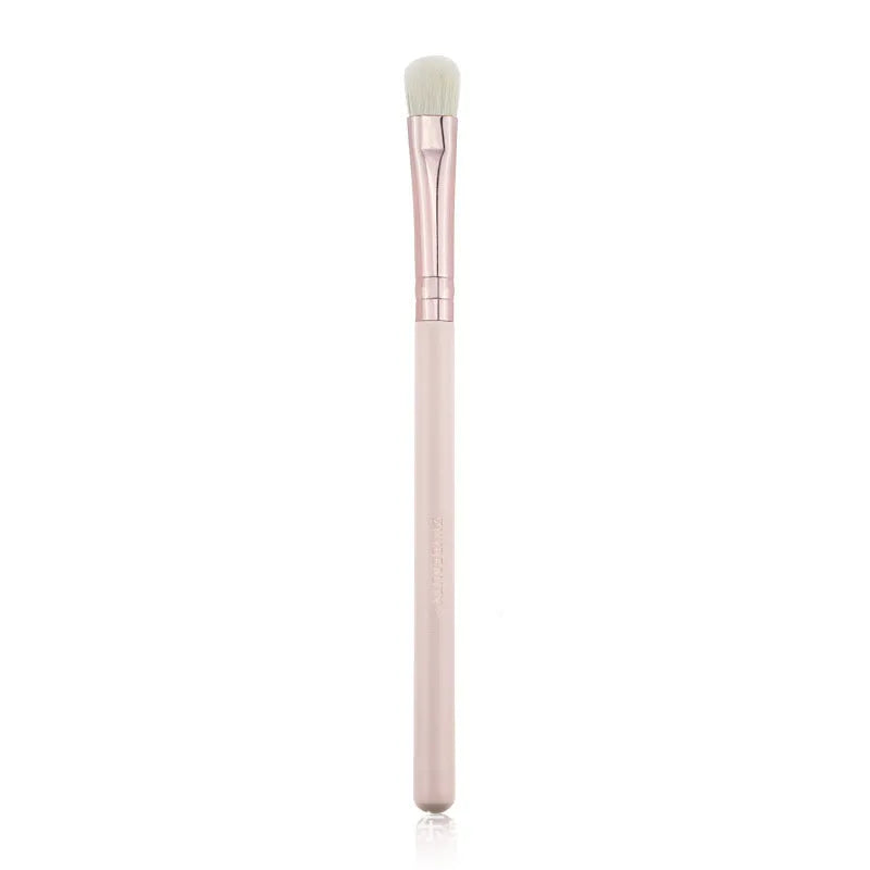 26 pink makeup brushes with wooden handles displayed in a open pink PU travel case