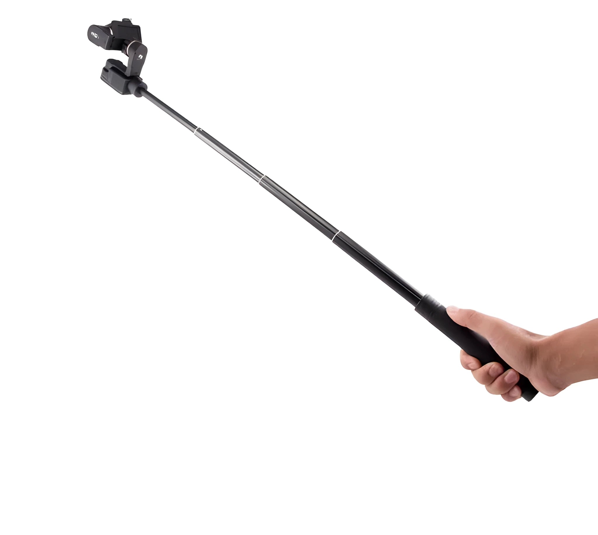 Black retractable aluminium selfie stick extended with phone attached and Bluetooth remote