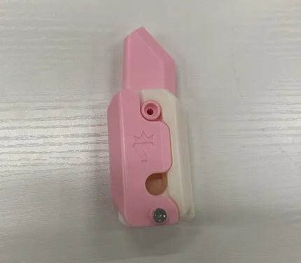 3D printed gravity carrot fidget knife in orange, purple and green colour on white background