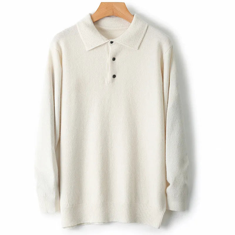 Men's grey wool pullover sweater with a polo collar laid flat