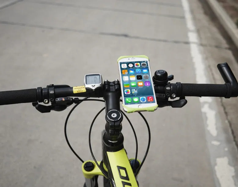 Bicycle phone holder with tough silicone strap and pull buckle, on handlebar, in black