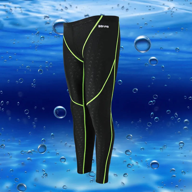 Men's black nylon cropped swimming trunks with a grey contrast stripe and internal mesh lining.