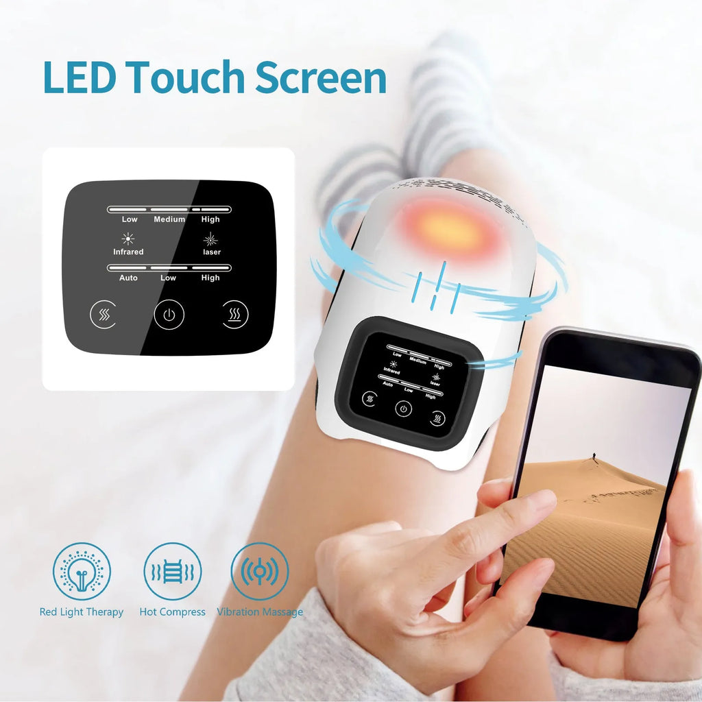 Intelligent electric knee massager in white colour with kneading, heating, infrared laser, and vibration functions
