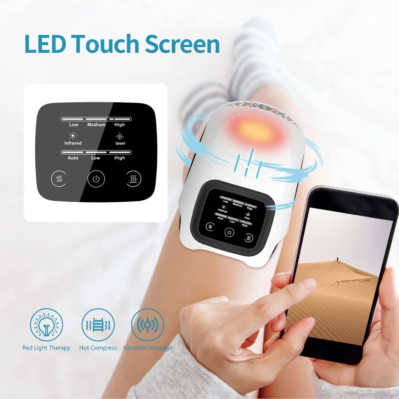Intelligent electric knee massager in white colour with kneading, heating, infrared laser, and vibration functions