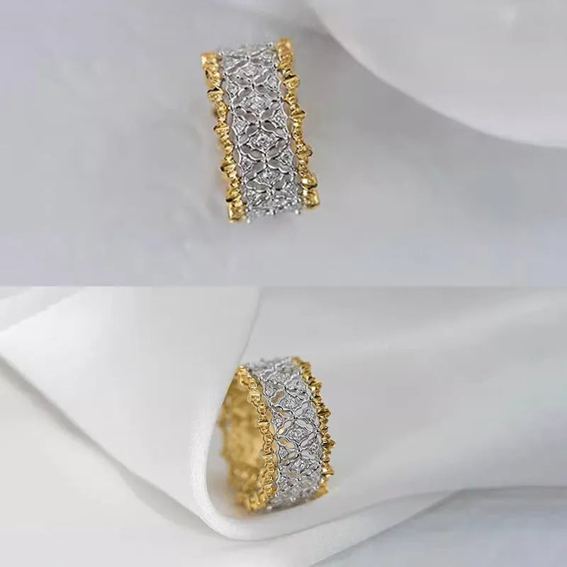 Geometric two-tone gold zircon ring with round elements on copper base