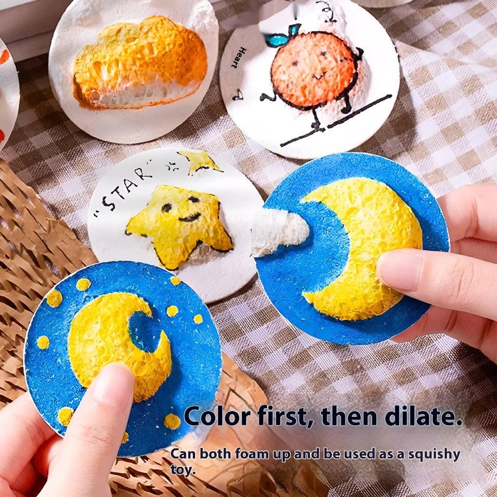 Wood pulp paper painting sponge set showing heart, round, and square shapes with six fountain pens for art projects