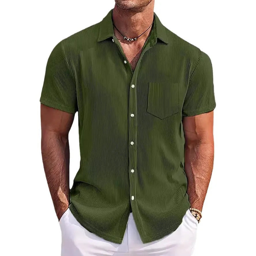 Men's loose-fit solid colour vertical stripe short-sleeved polyester shirt in gray on a plain background