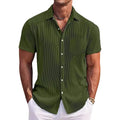 Men's loose-fit solid colour vertical stripe short-sleeved polyester shirt in gray on a plain background