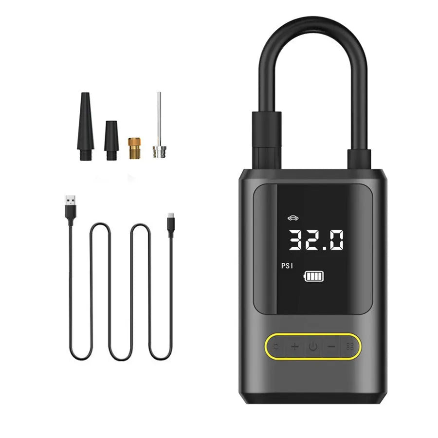 Handheld wireless digital display air pump with LED light and assortment of air nozzles