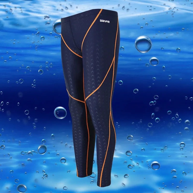 Men's black nylon cropped swimming trunks with a grey contrast stripe and internal mesh lining.