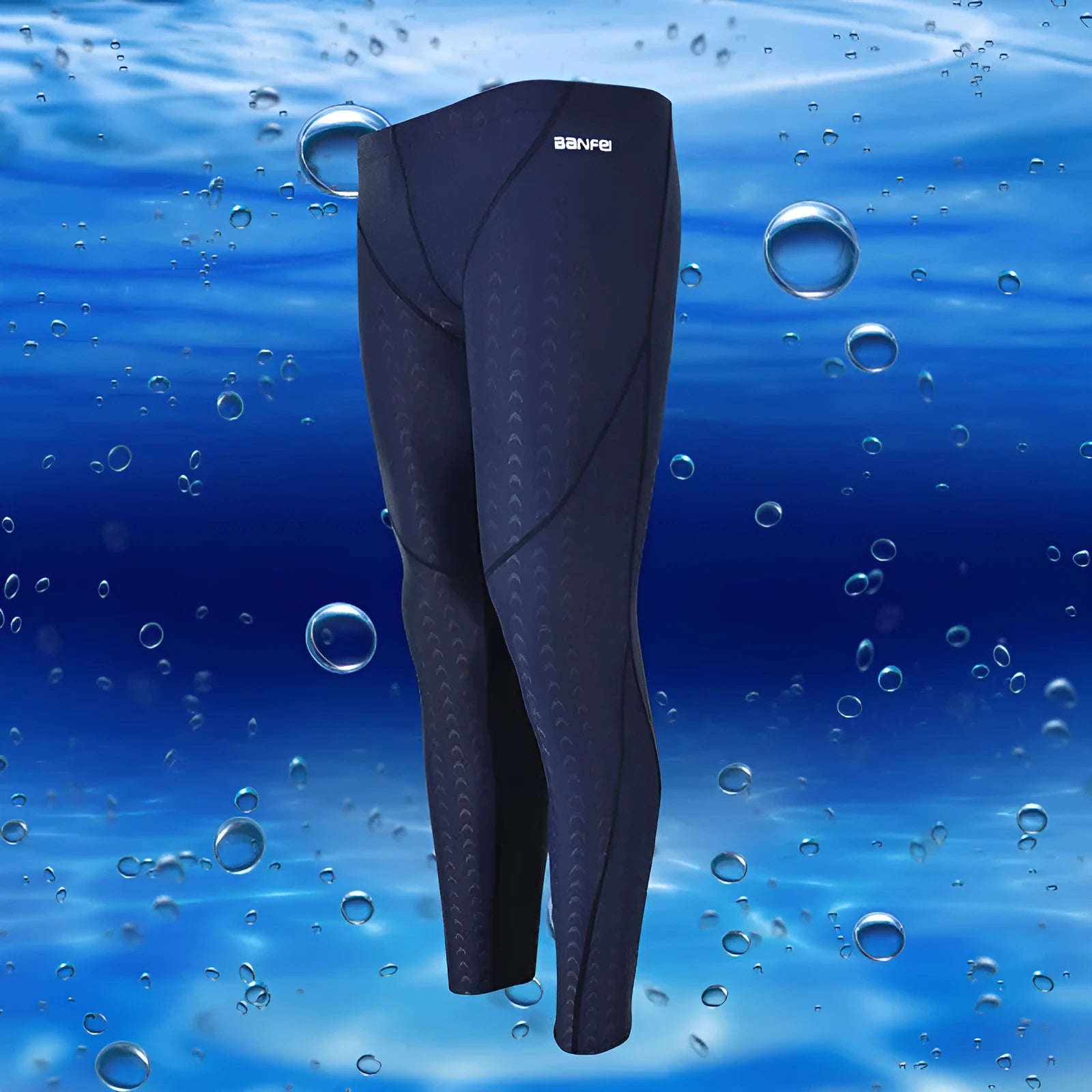 Men's black nylon cropped swimming trunks with a grey contrast stripe and internal mesh lining.
