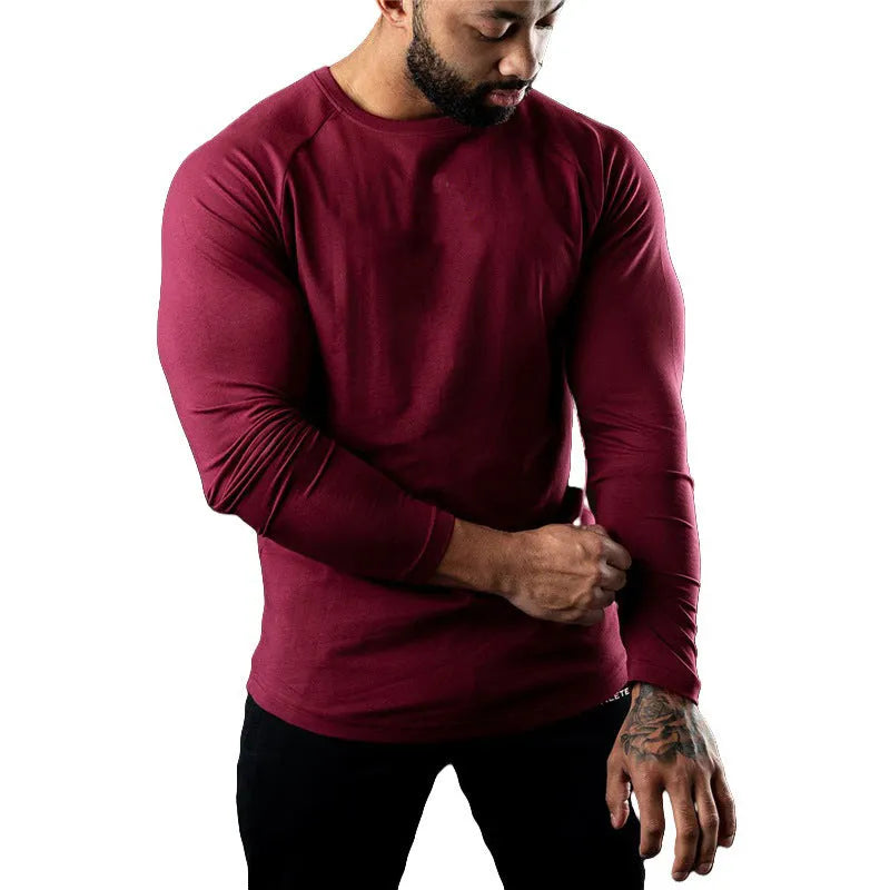 Men's long sleeve cotton sports T-shirt round neck quick-drying exercise top Army Green front view