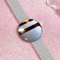 Women's circular smart watch with aluminium alloy case and metal strap, showing colour screen displaying health data.
