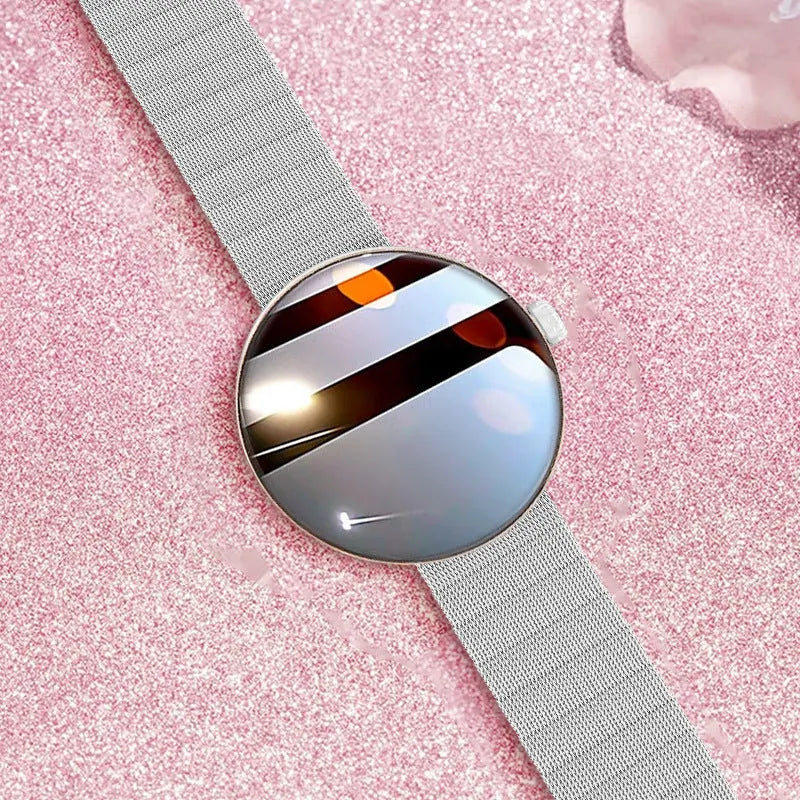 Women's circular smart watch with aluminium alloy case and metal strap, showing colour screen displaying health data.