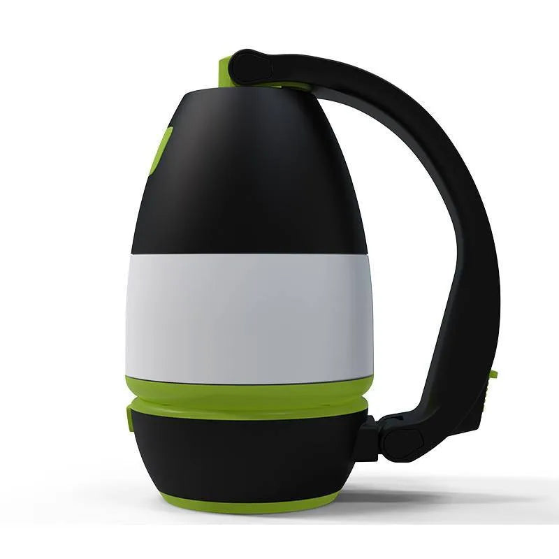 Black green three-in-one LED camping lamp with adjustable head and USB charging port