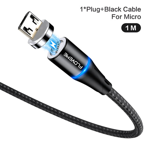 Black magnetic fast-charge data cable with side LED light and Type-C, Lightning, and Micro-USB connectors.