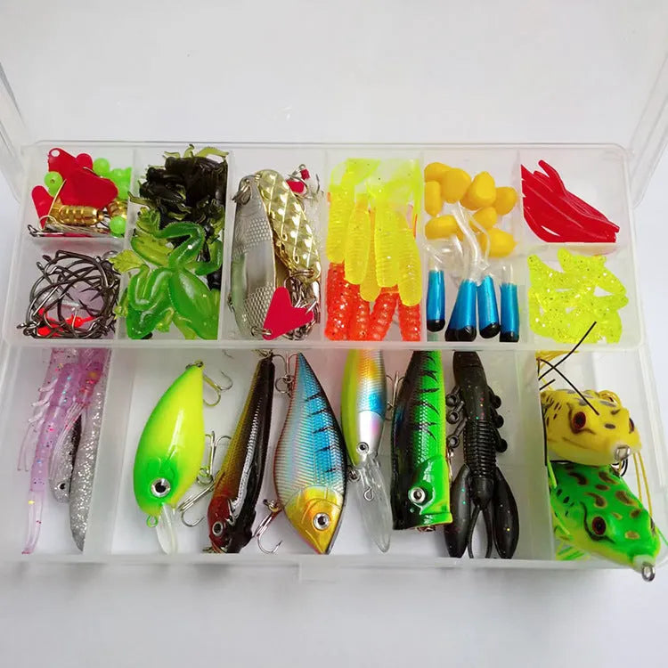 142-piece fishing lure suit with metal pliers and hard minnow lures featuring sequin accents