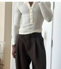 Men's cream-coloured ribbed long-sleeve henley top with front button placket