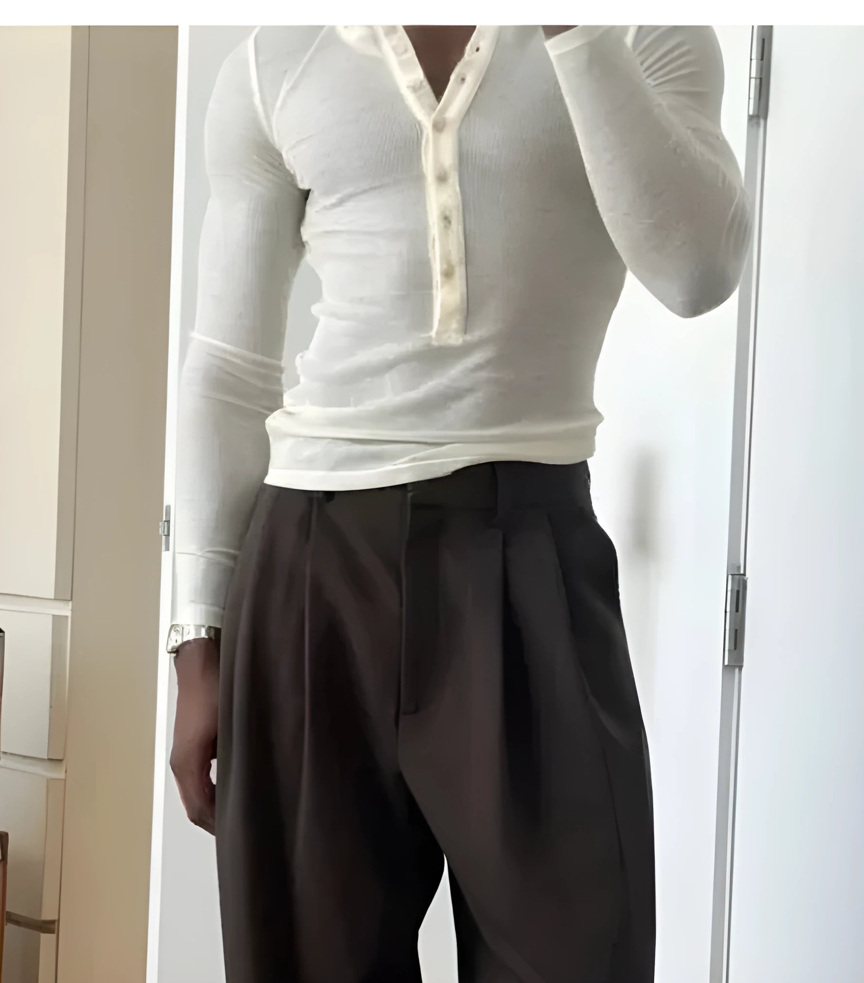 Men's cream-coloured ribbed long-sleeve henley top with front button placket