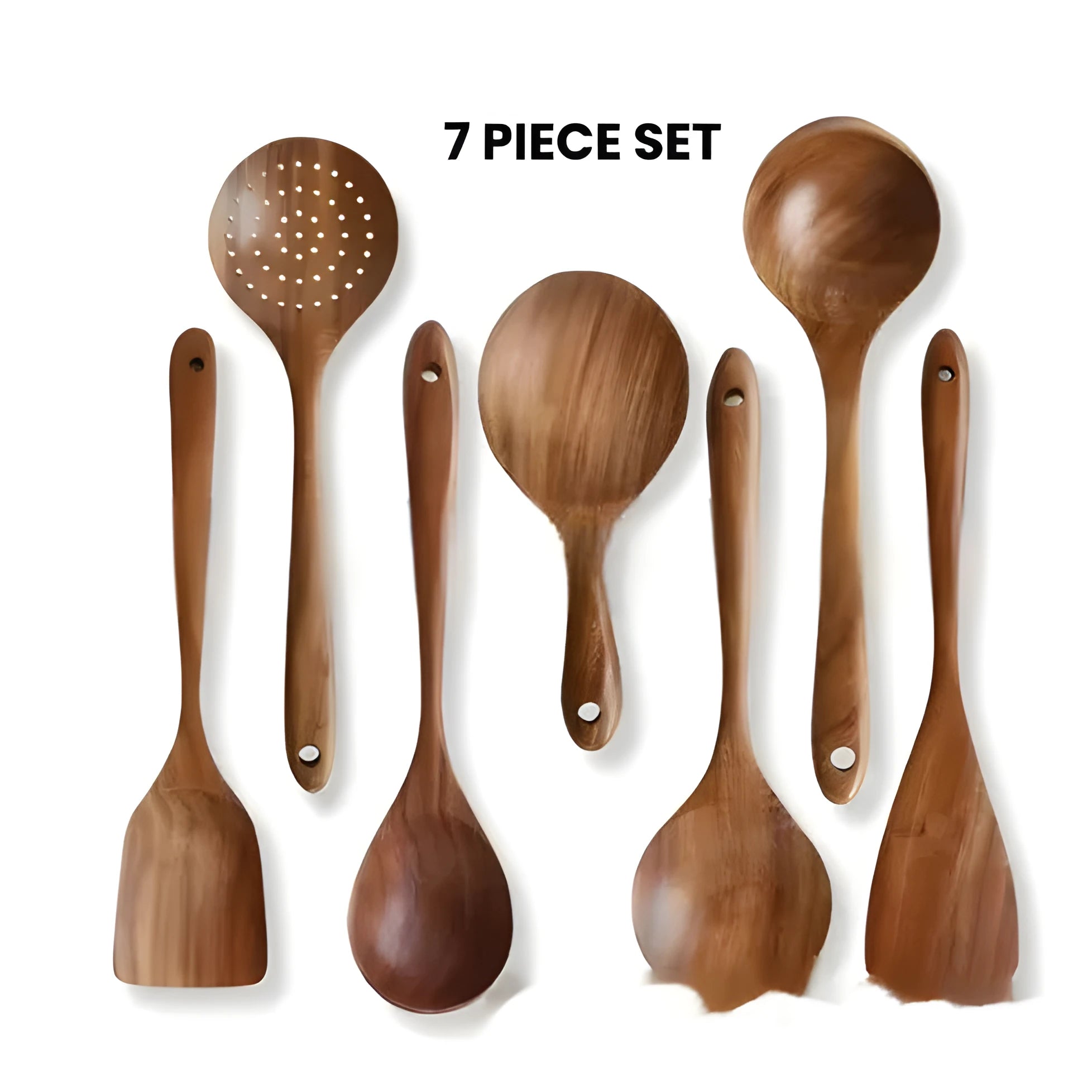Seven-piece wooden kitchen utensil set with spoons and spatulas