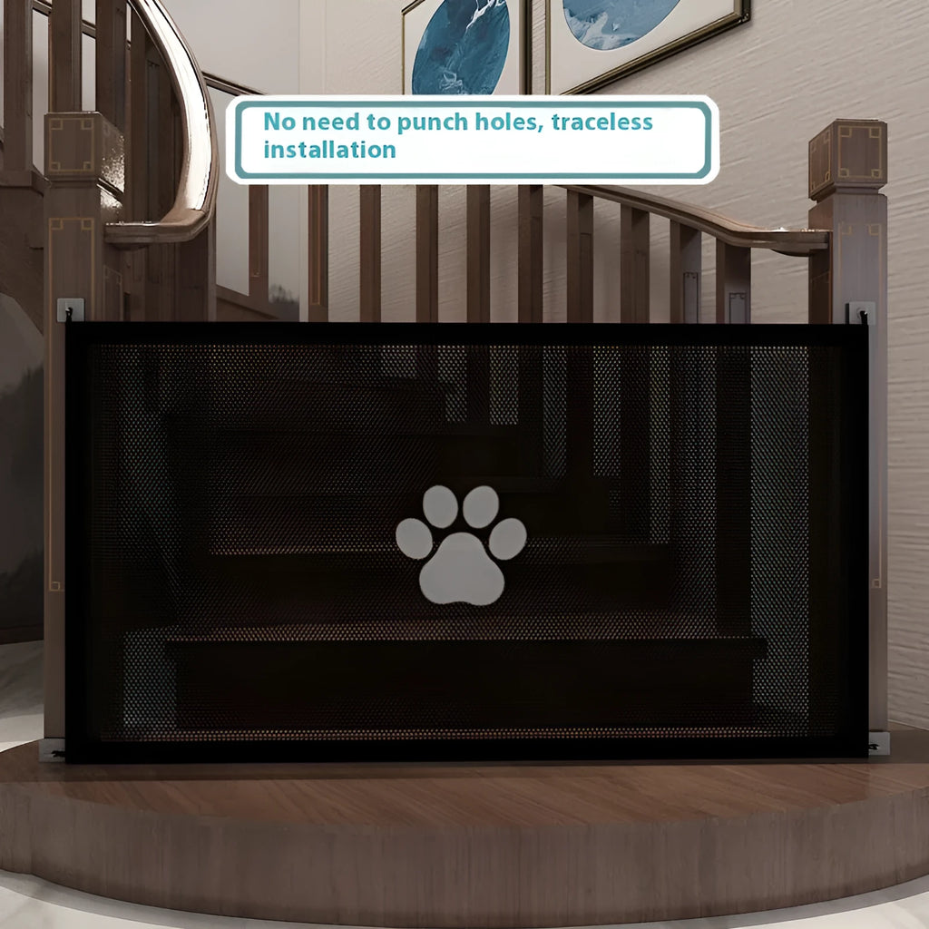 Portable folding dog barrier with pet doorsill showing dog footprint graphics