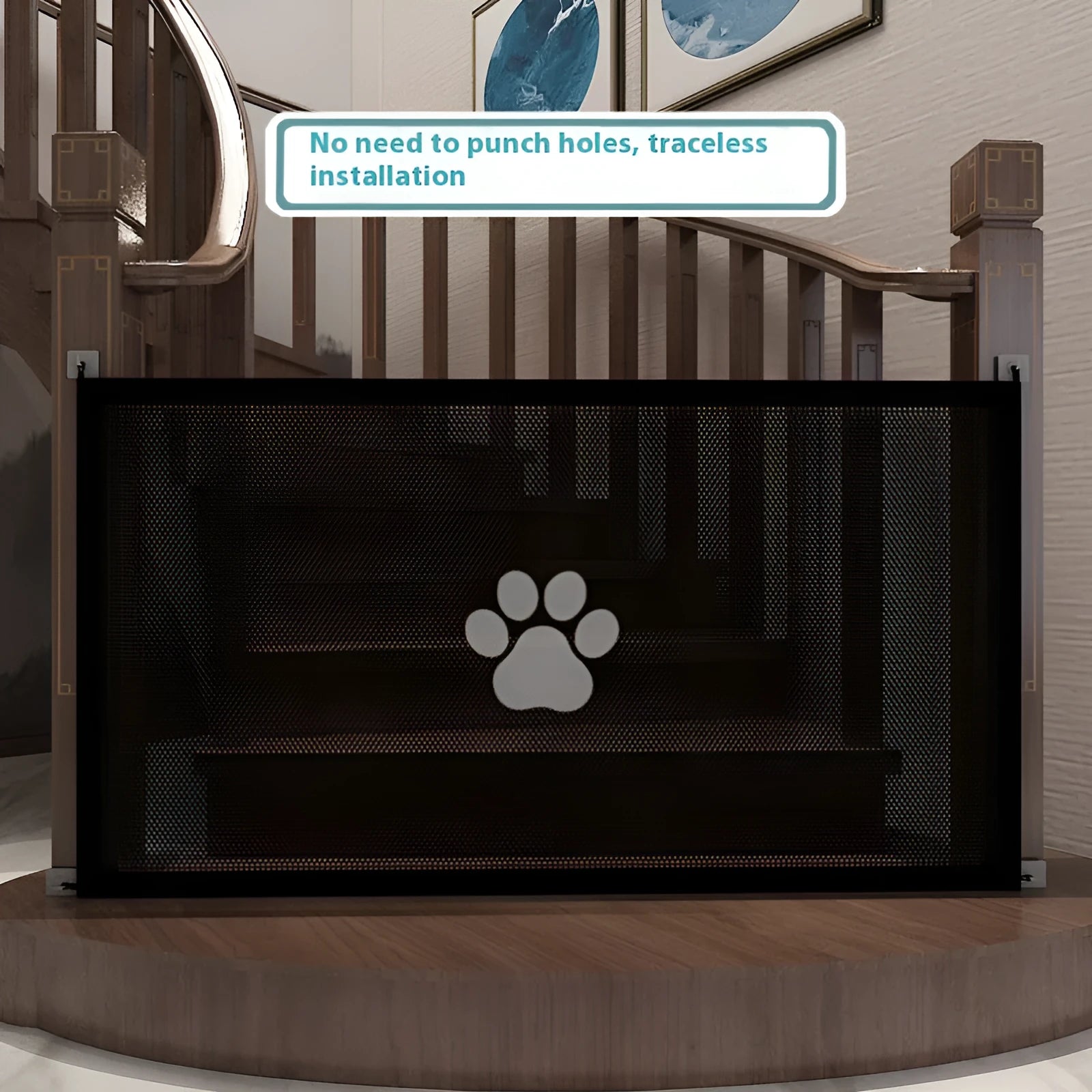 Portable folding dog barrier with pet doorsill showing dog footprint graphics