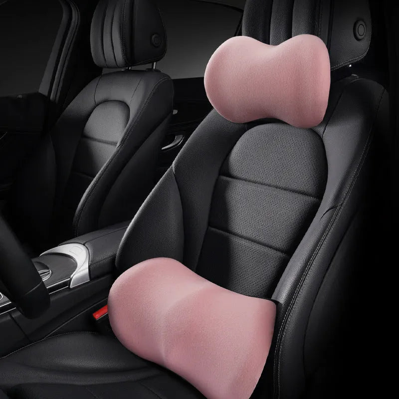 Car seat headrest pillow and lumbar support set in black, gray, pink, green, yellow colours