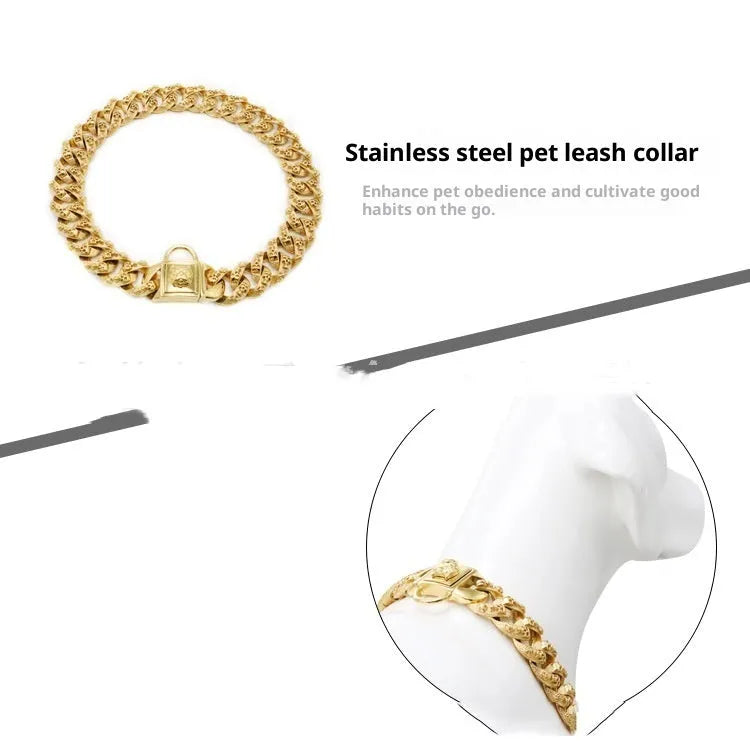 Stainless steel skull dog collar necklace in gold finish with 32mm width and chain links