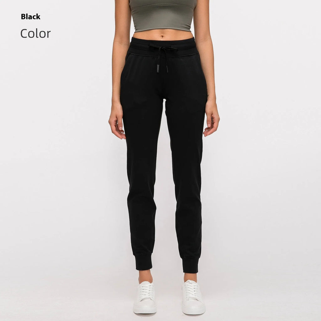 Women's high waist yoga pants with drawstring waistband in cotton blend fabric