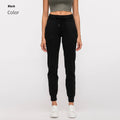Women's high waist yoga pants with drawstring waistband in cotton blend fabric