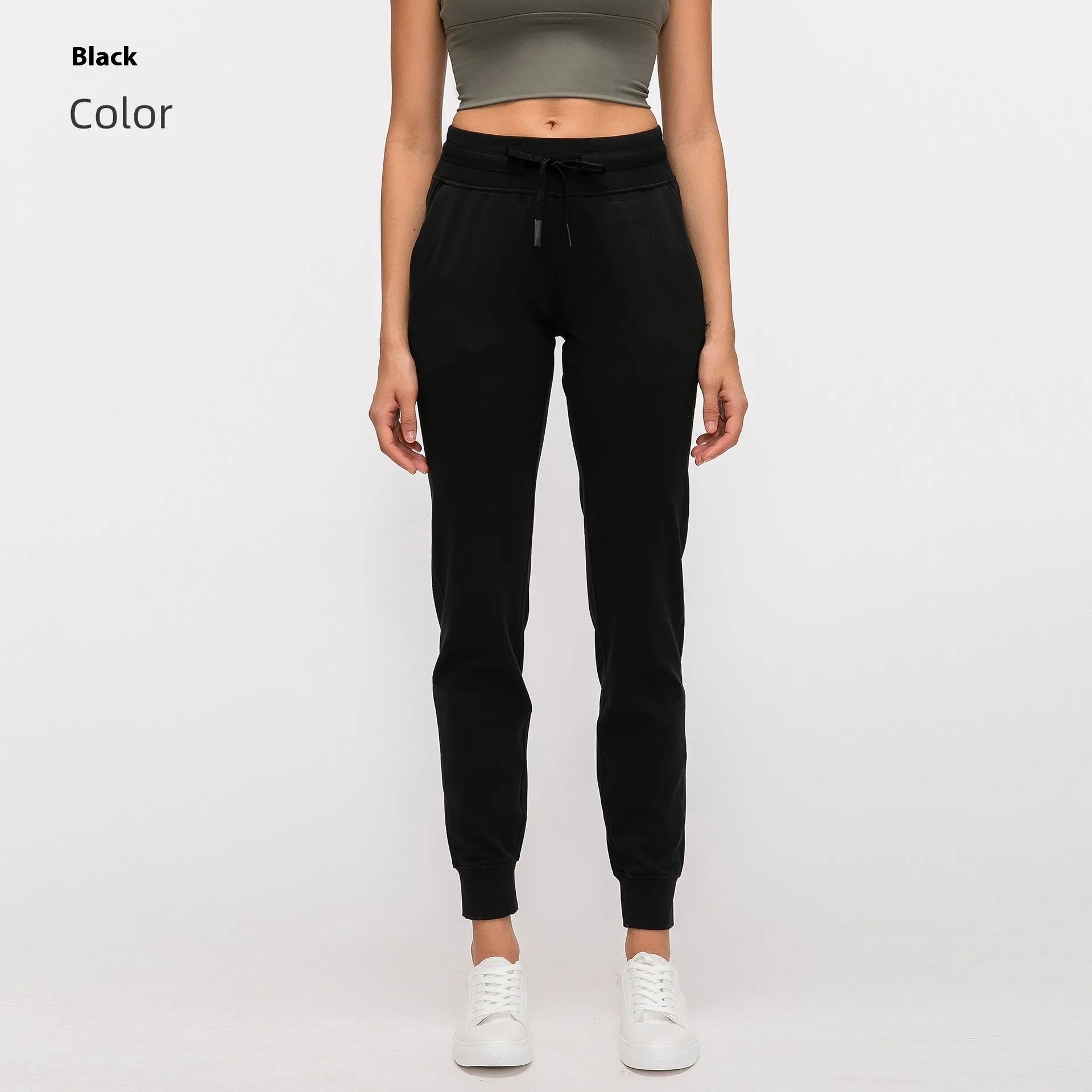 Women's high waist yoga pants with drawstring waistband in cotton blend fabric