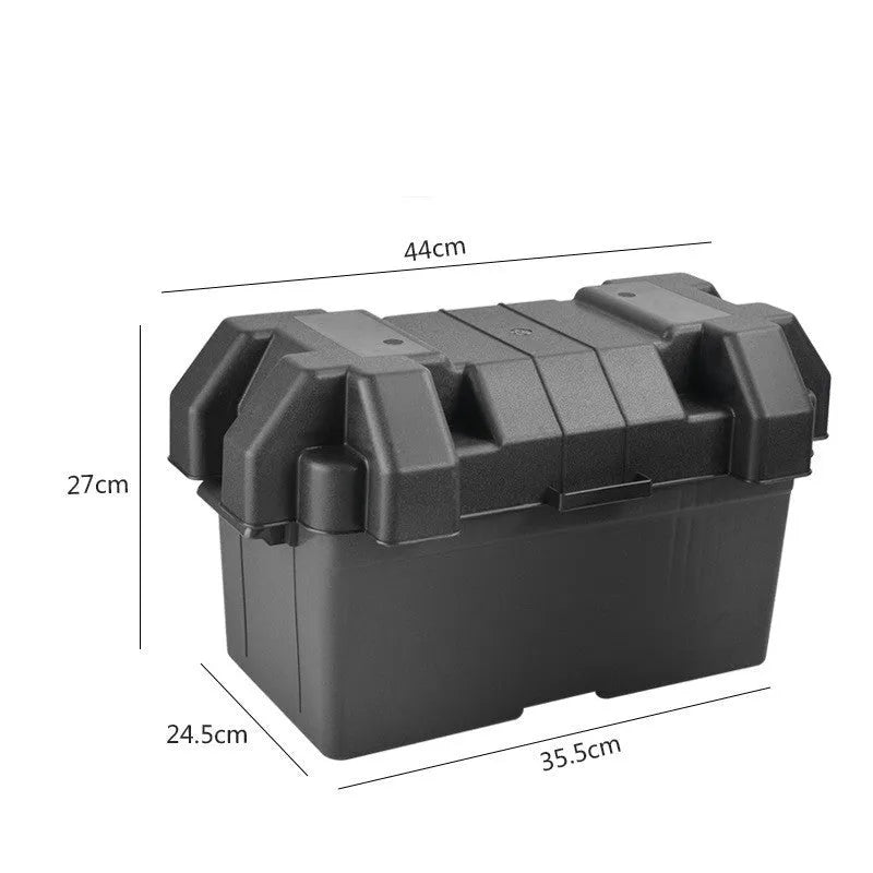 Large black PP plastic battery storage box with strap and base screw fixing, external dimensions 44x24.5x27cm