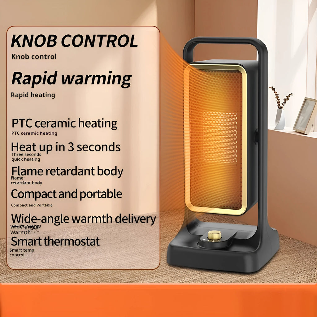 Black PTC ceramic desktop air heater with knob control on wooden surface