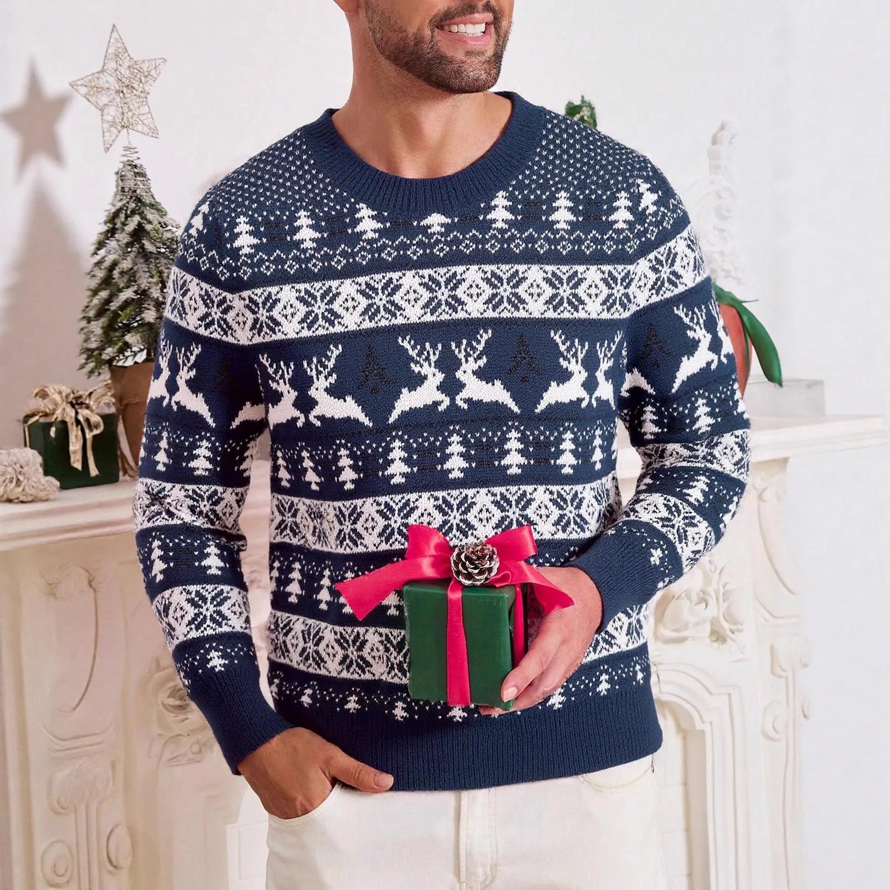 Men's red jacquard Christmas sweater with round neck and long sleeves on a model