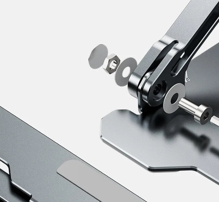 Aluminum adjustable and foldable laptop stand in grey on a desk.