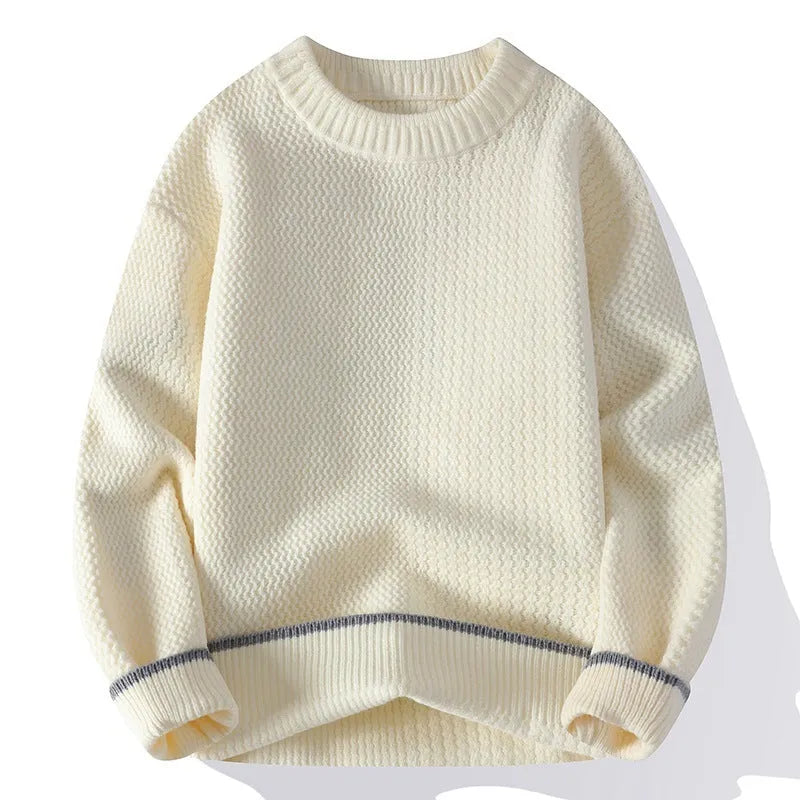 Men's round neck polyester blend knitwear sweater in loose fit showing black grey white khaki colour options