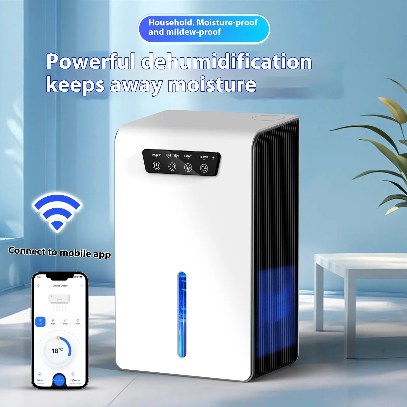 Milky white household dehumidifier for bedrooms and small rooms up to 20 square metres