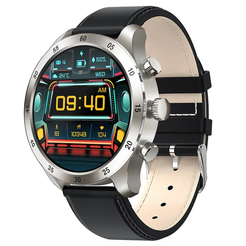 Black steel Bluetooth smart watch on wrist showing call interface