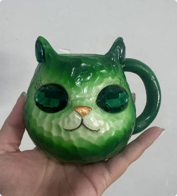 Handmade resin cat craft cup with hand-painted detailing in blue, green, pink, or purple.