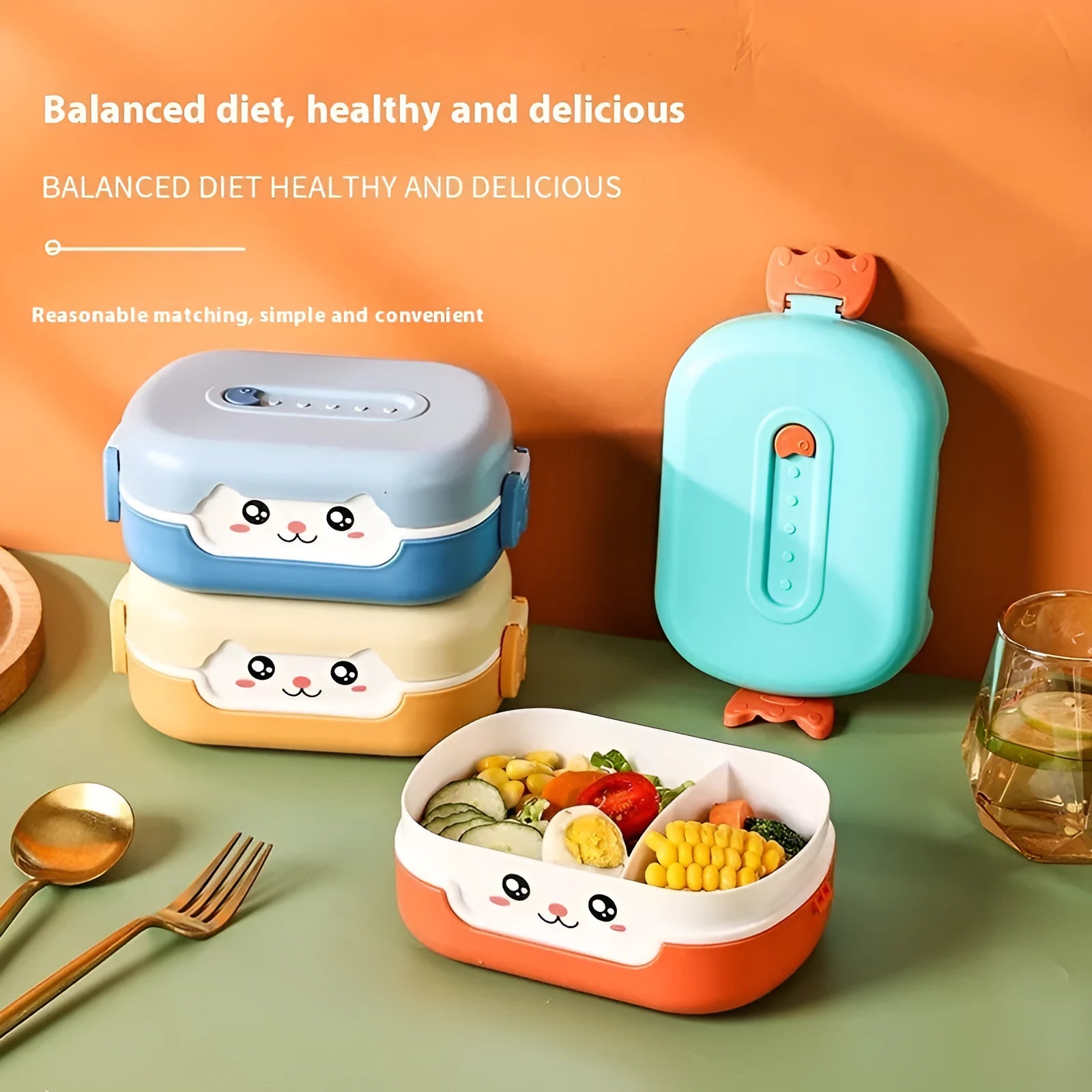 Square plastic lunch box with three divided compartments in dark blue colour