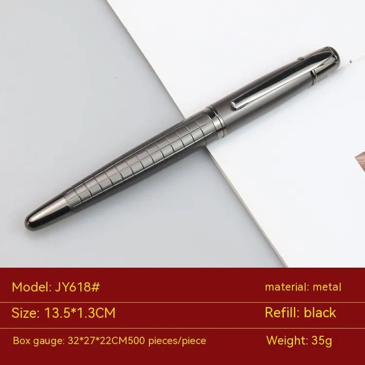 Gun gray metal roller pen with black ink cap, 13.5cm length, on white background
