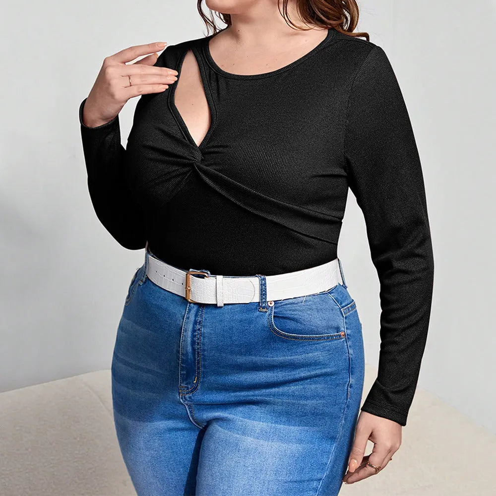 Women's slim-fit black long-sleeved top with delicate hollow-out design, plus size 1XL to 3XL
