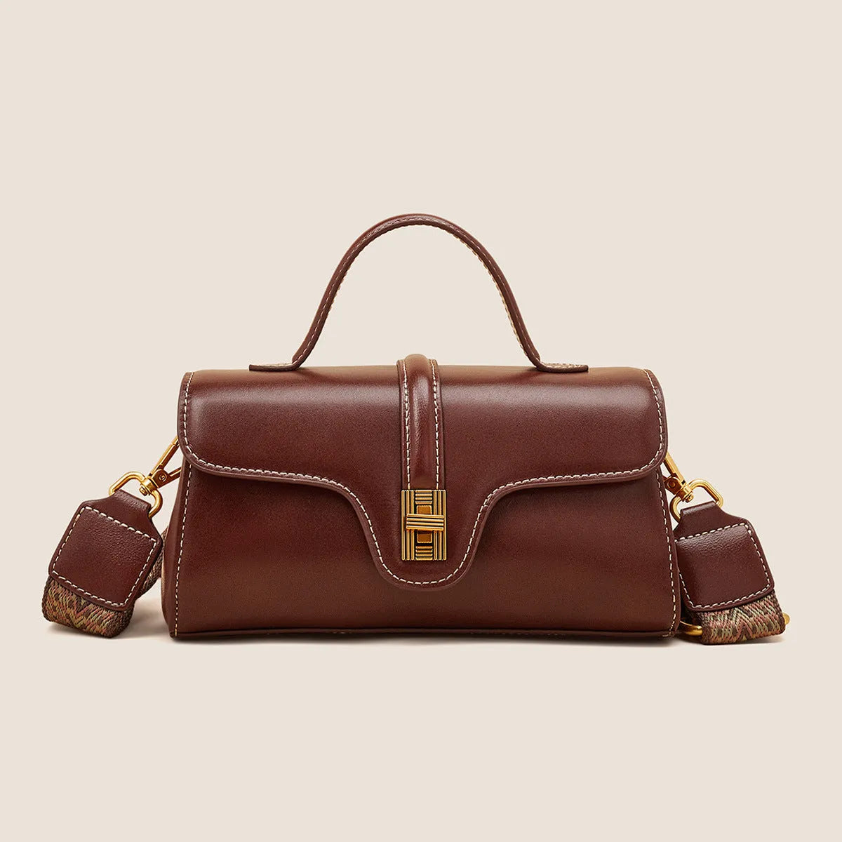Niche Original Retro Cambridge messenger bag in brown cow leather and synthetic leather with lock detail