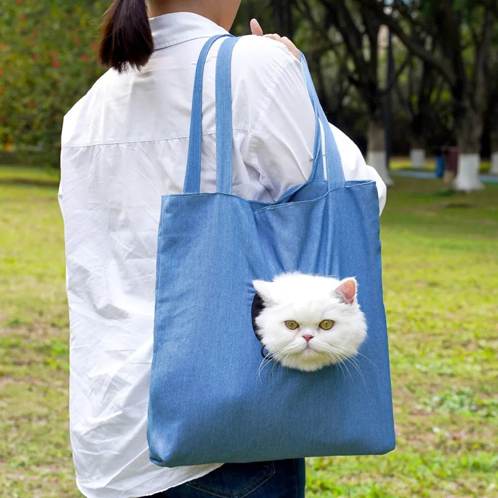 Canvas shoulder pet carrier bag with cartoon print for small cats and dogs