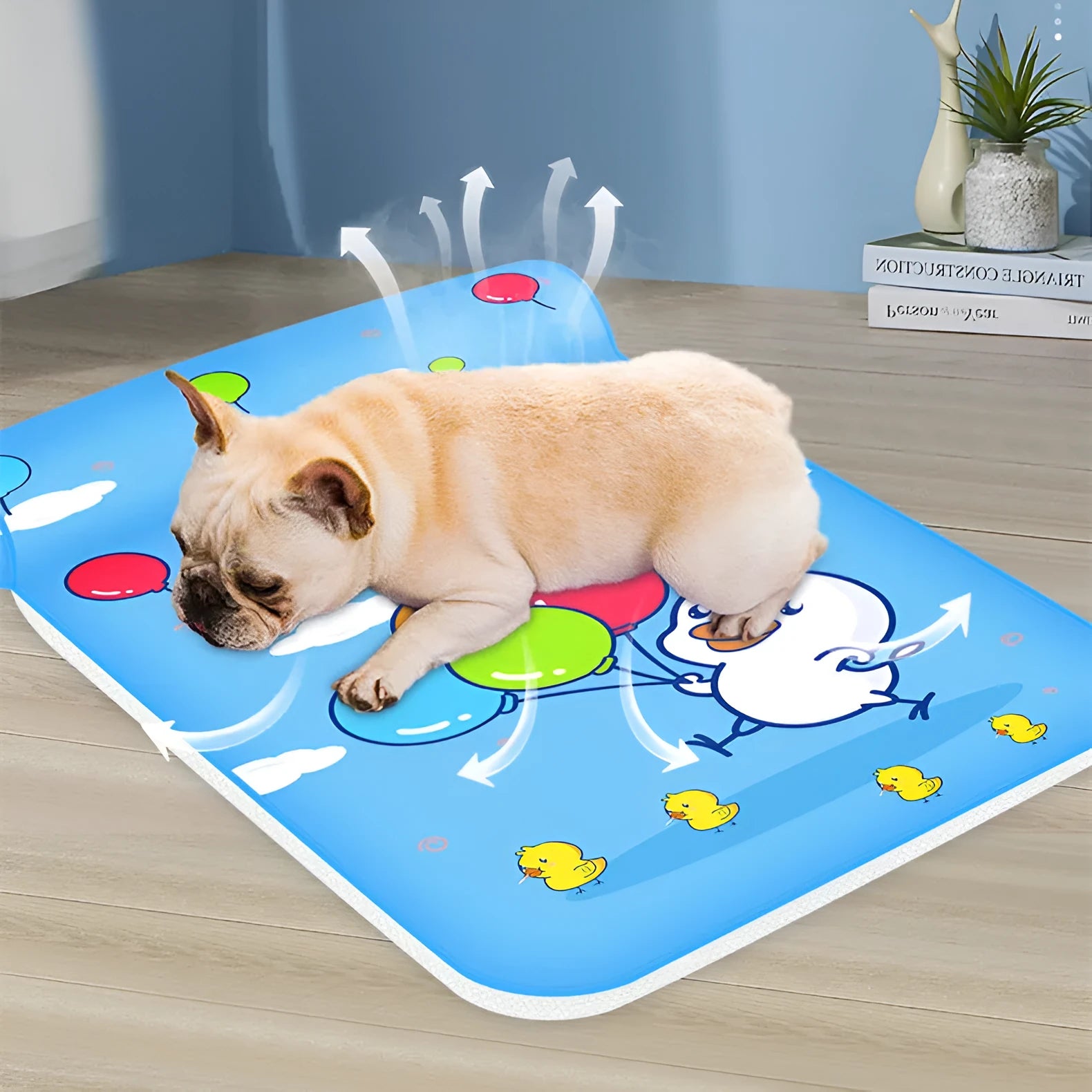 Summer cooling dog mat with raised pillow in breathable ice silk, blue running duck print, non-slip waterproof backing