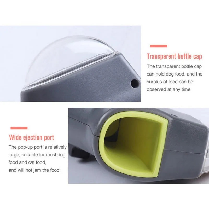 Grey pet snack catapult launcher showing spring trigger mechanism and compact 18cm design