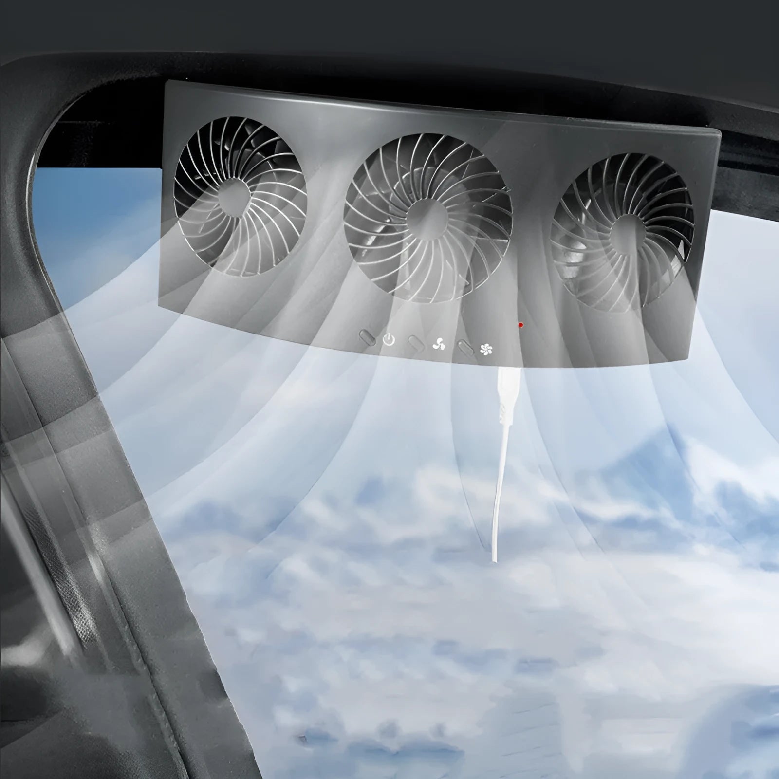 Black and white USB-powered car ventilation fan for exhaust odour and heat dissipation