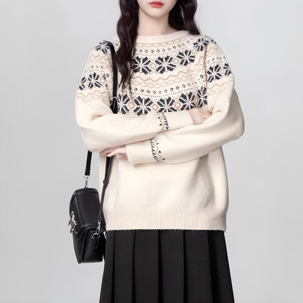 Women's milky white fair isle sweater with geometric pattern, crew neck, and long sleeves