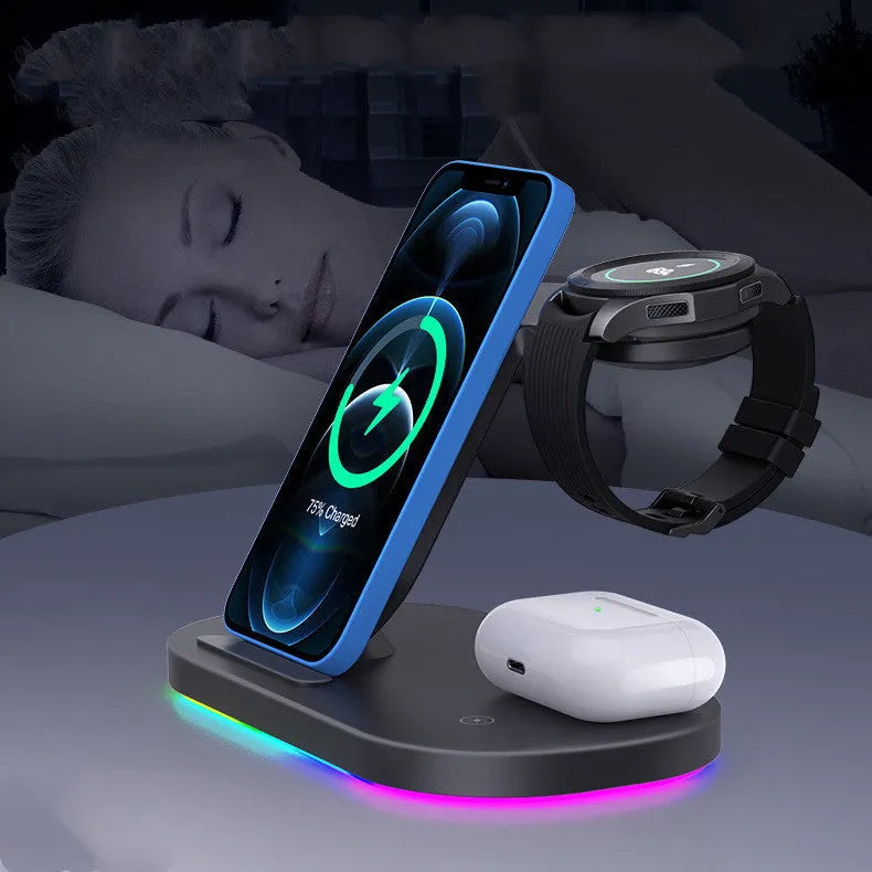 Three-in-one fast wireless charger in ice crystal white, ABS, with Type-C input, front view