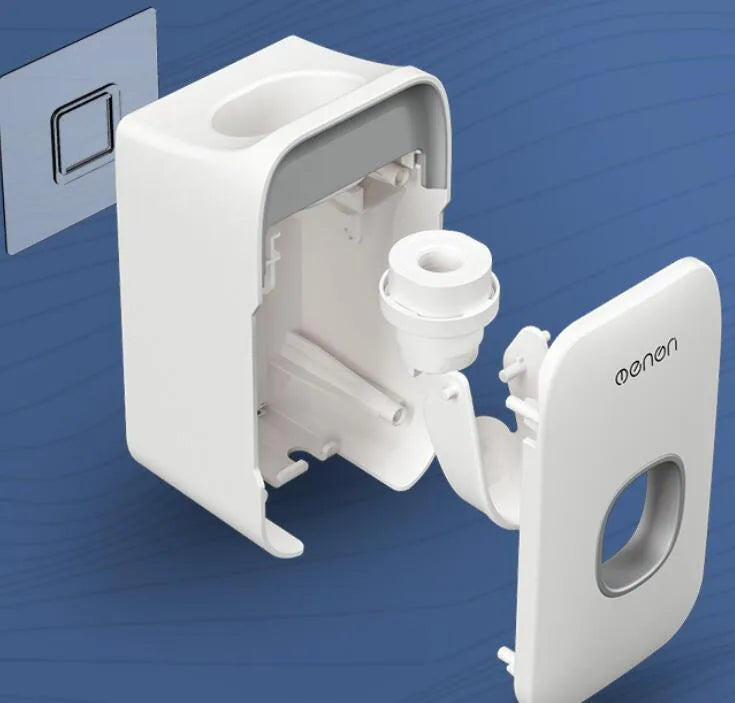 Automatic toothpaste dispenser in blue, grey, and pink colours made from ABS plastic.